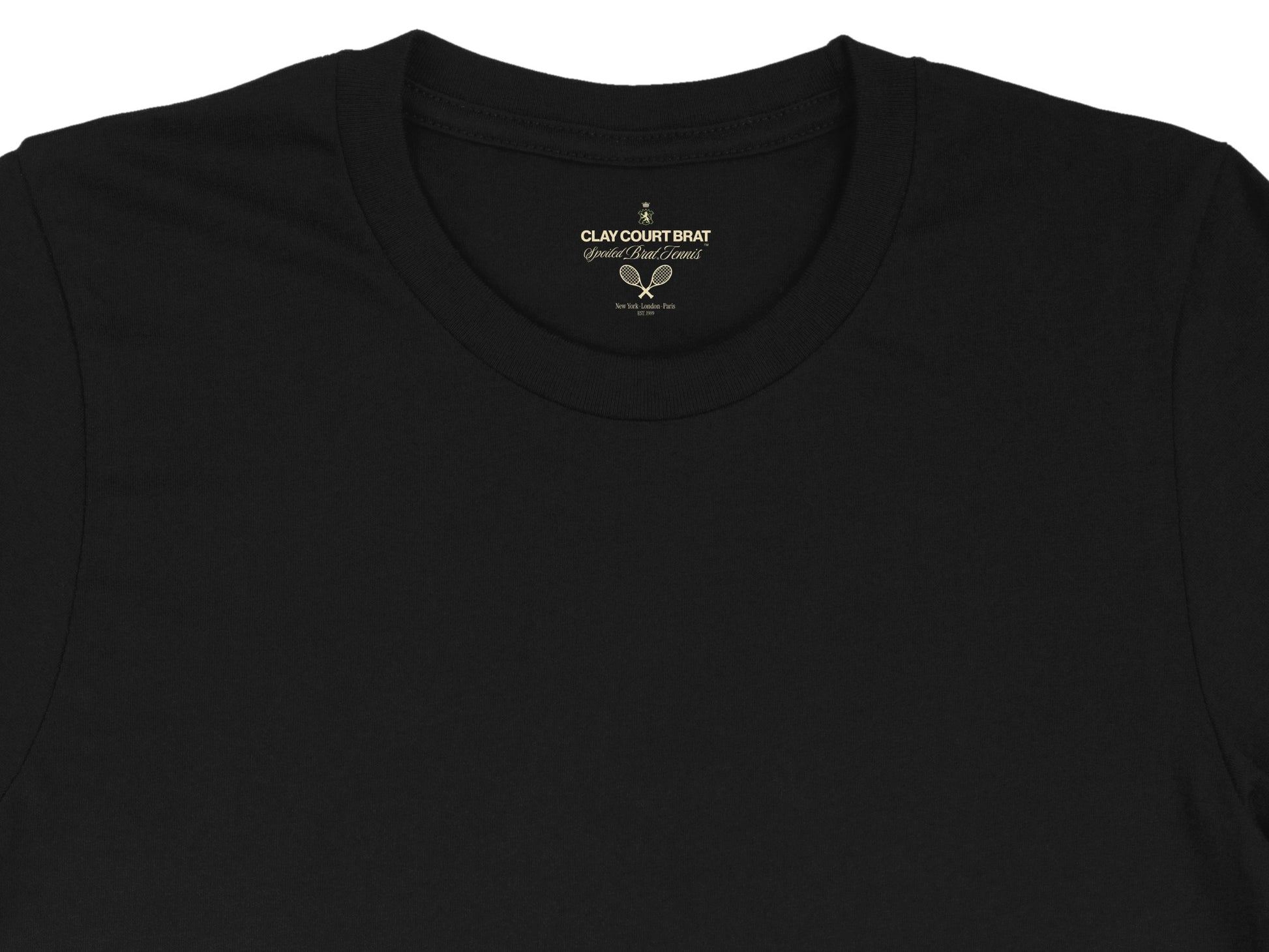 Black t-shirt with "Clay Court Brat Spoiled Brat Tennis" logo.