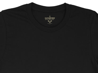 Black t-shirt with "Clay Court Brat Spoiled Brat Tennis" logo.