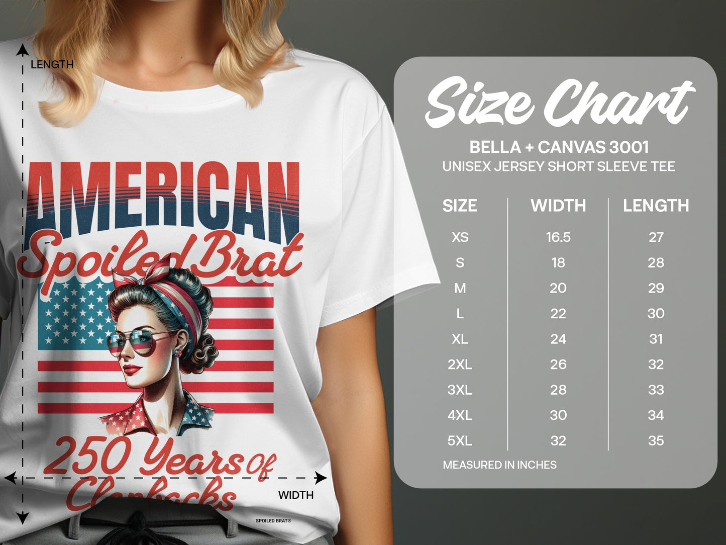 White t-shirt with "American Spoiled Brat" graphic and size chart.
