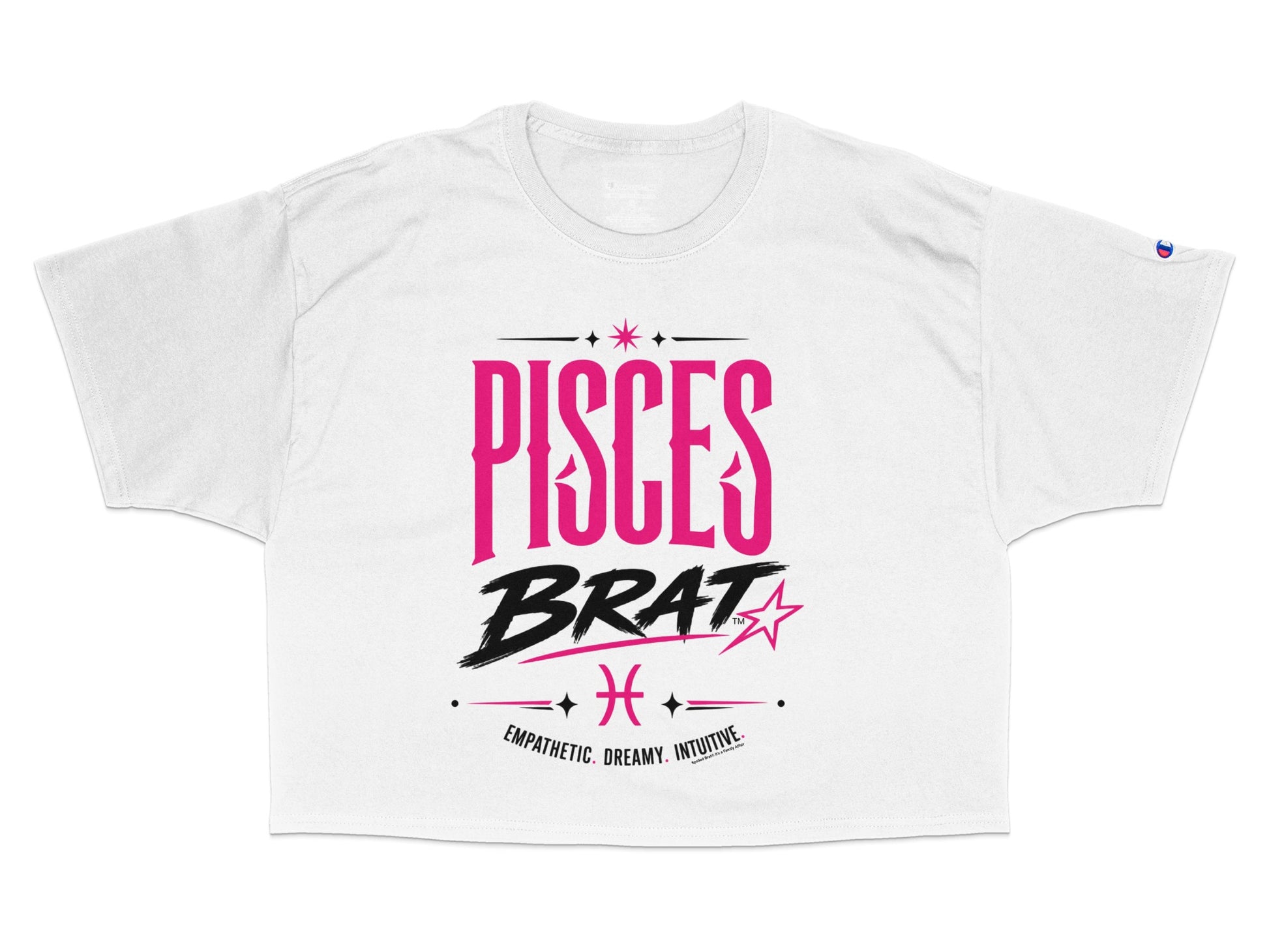 White cropped t-shirt with "PISCES BRAT" text, Pisces symbol, and descriptive words.