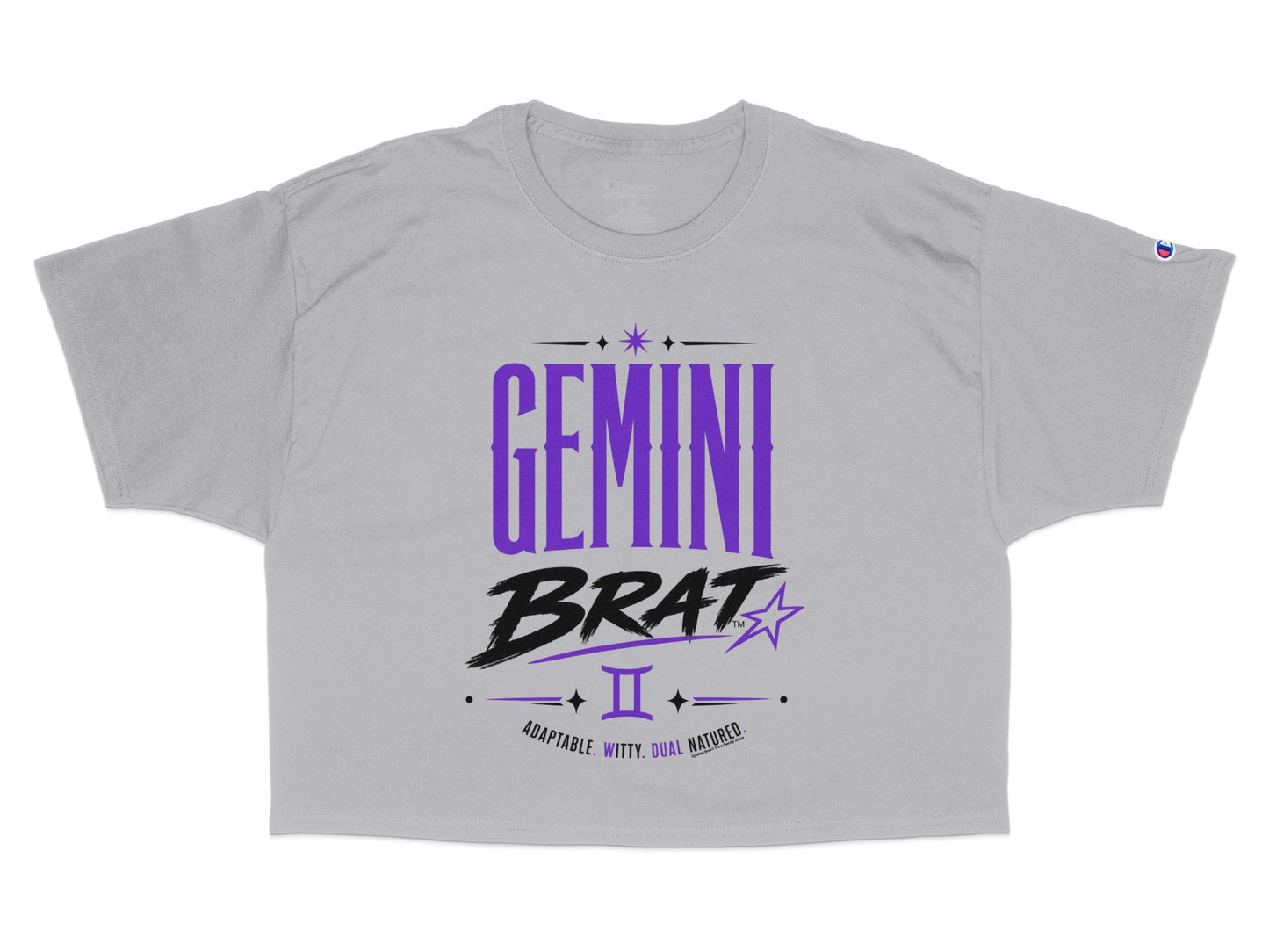 Grey Champion t-shirt with "GEMINI BRAT" text and Gemini zodiac symbol.