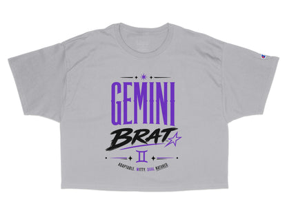Grey Champion t-shirt with "GEMINI BRAT" text and Gemini zodiac symbol.