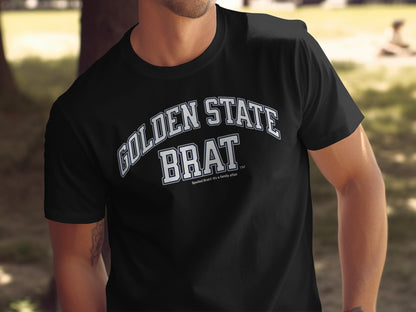 Black t-shirt with "Golden State BRAT" in white arched text.