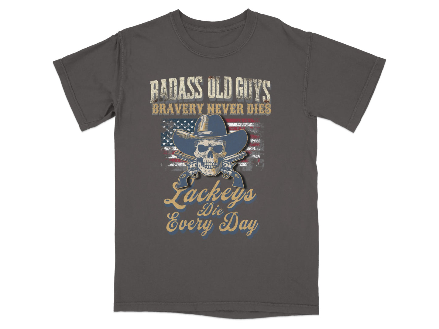 Gray t-shirt with skull, cowboy hat, and American flag with text.