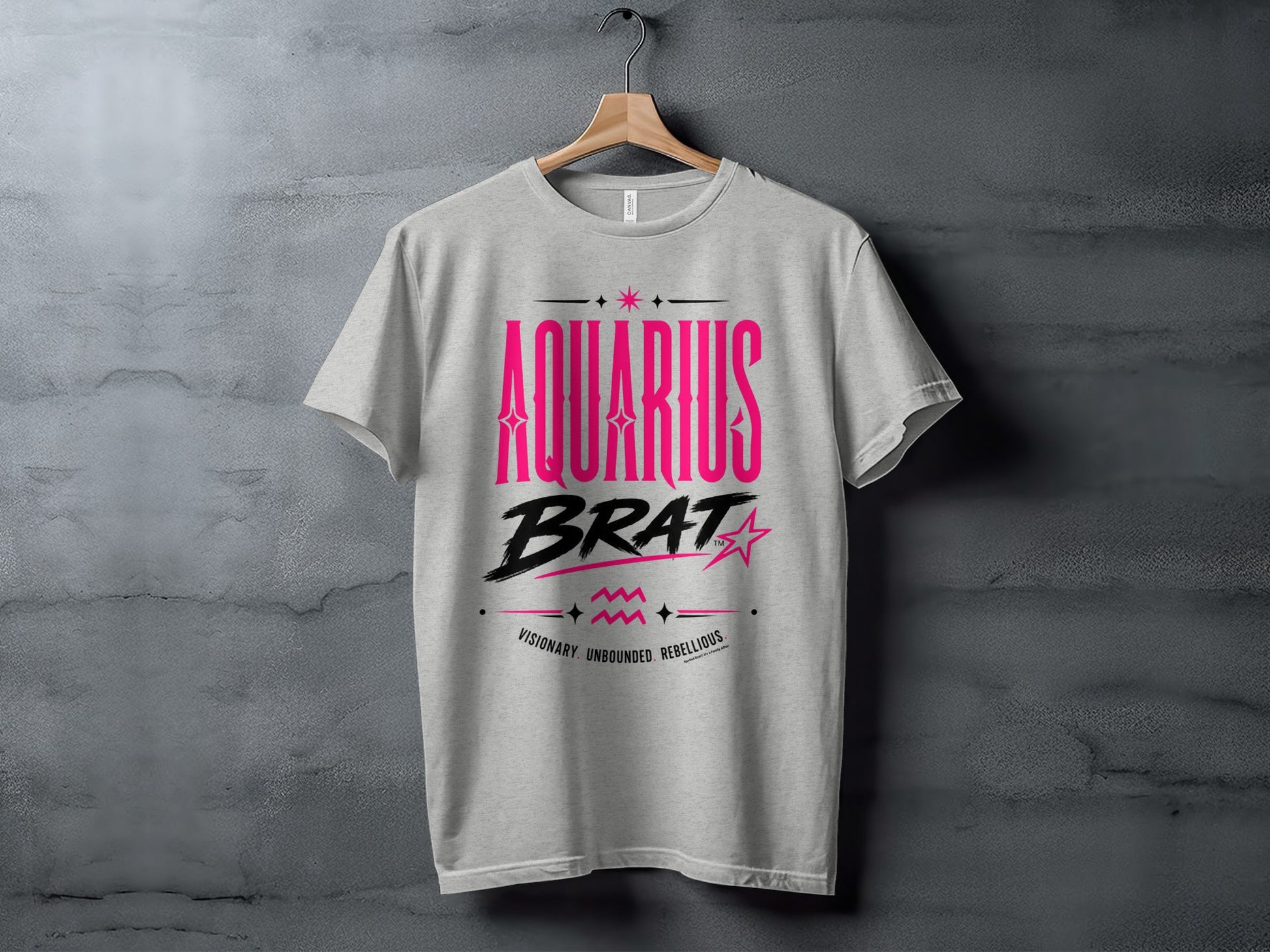 Grey t-shirt with "AQUARIUS BRAT VISIONARY. UNBOUNDED. REBELLIOUS." printed in pink.
