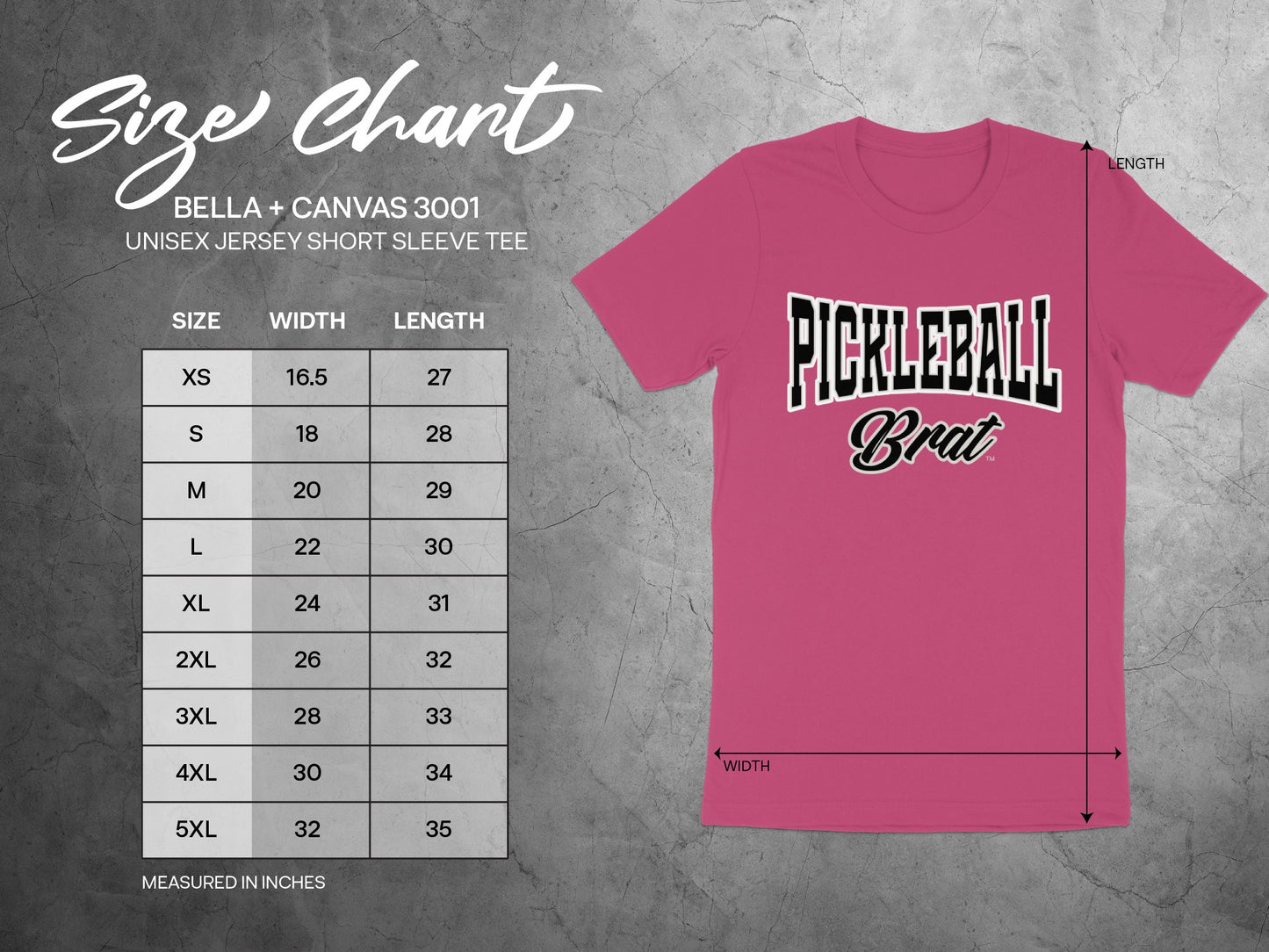 Bella + Canvas 3001 Unisex Short Sleeve Tee size chart with dimensions in inches.