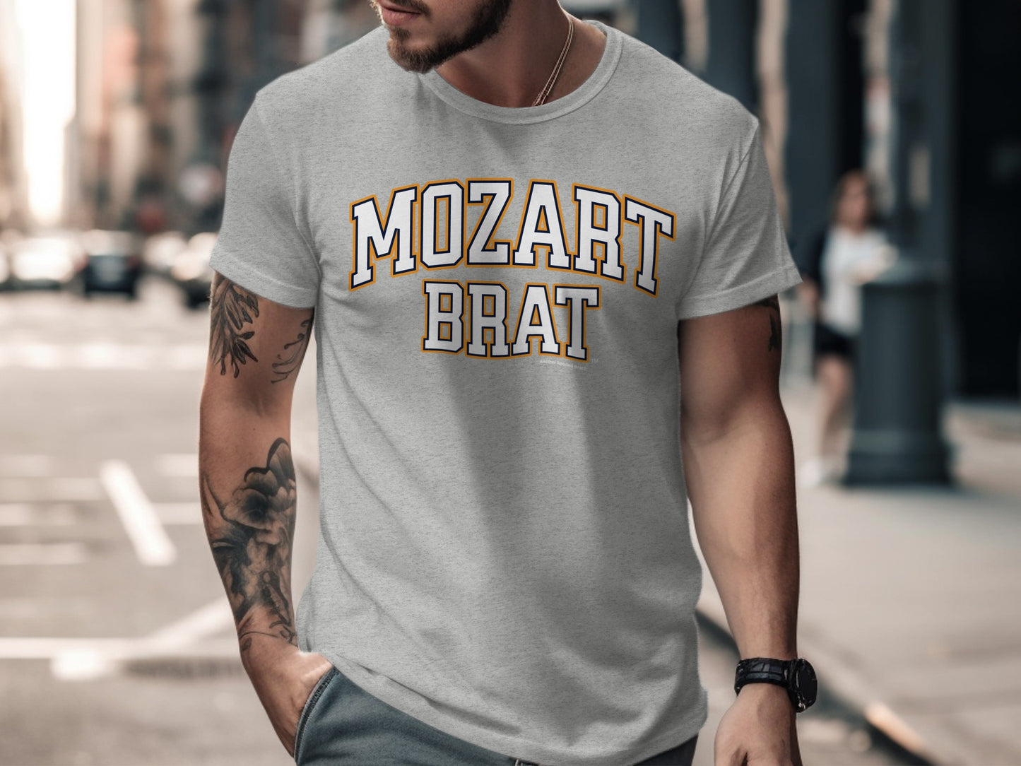 Gray t-shirt with "MOZART BRAT" printed in collegiate font.