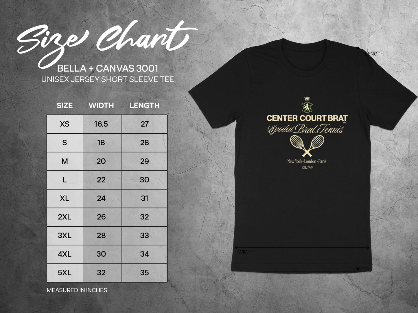 BELLA + CANVAS 3001 unisex t-shirt size chart with width and length measurements.