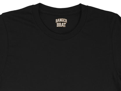 Black t-shirt with "BANGER BRAT" text on the collar tag.