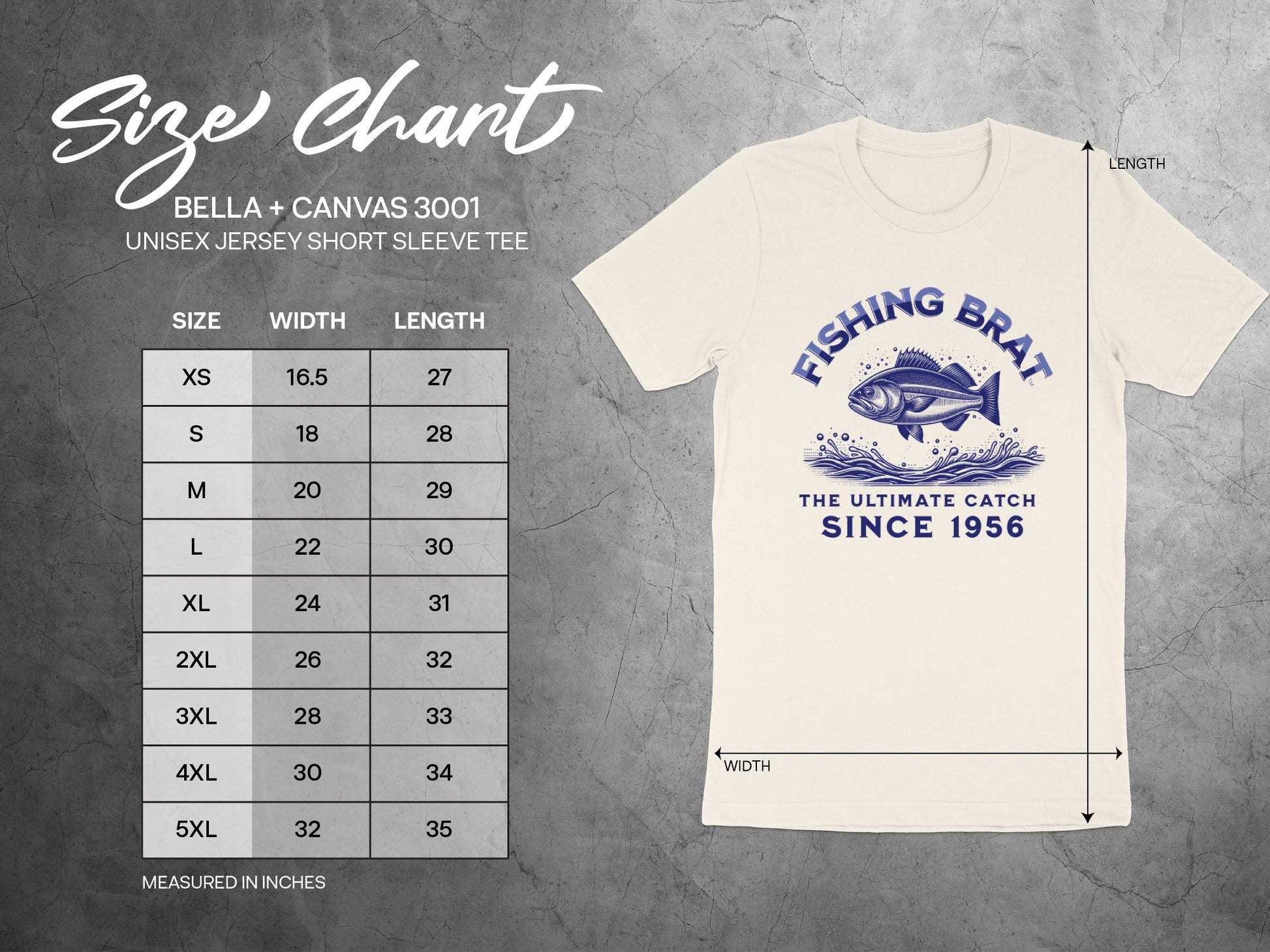 Size chart for Bella + Canvas 3001 unisex tee, with chest width and length measurements.