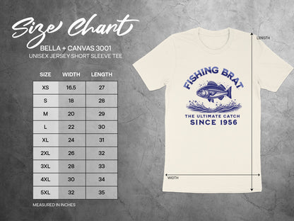 Size chart for Bella + Canvas 3001 unisex tee, with chest width and length measurements.