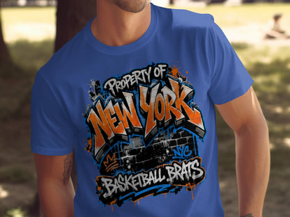 Blue t-shirt with "Property of New York Basketball Brats" graffiti design.