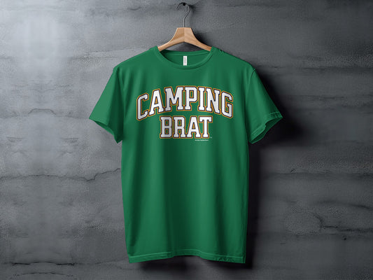 Green t-shirt with "CAMPING BRAT" written in collegiate lettering.