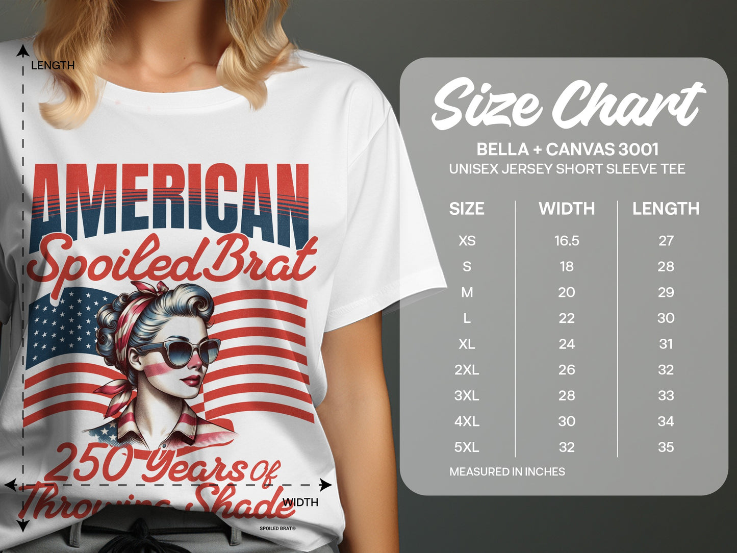 T-shirt with "AMERICAN Spoiled Brat" text and a woman in front of the US flag.