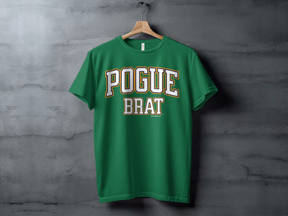 Green t-shirt with "POGUE BRAT" text in collegiate block letters.