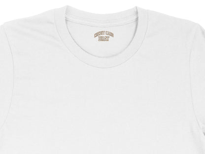 White t-shirt with "CREDIT CARD BRAT" text printed inside the collar.