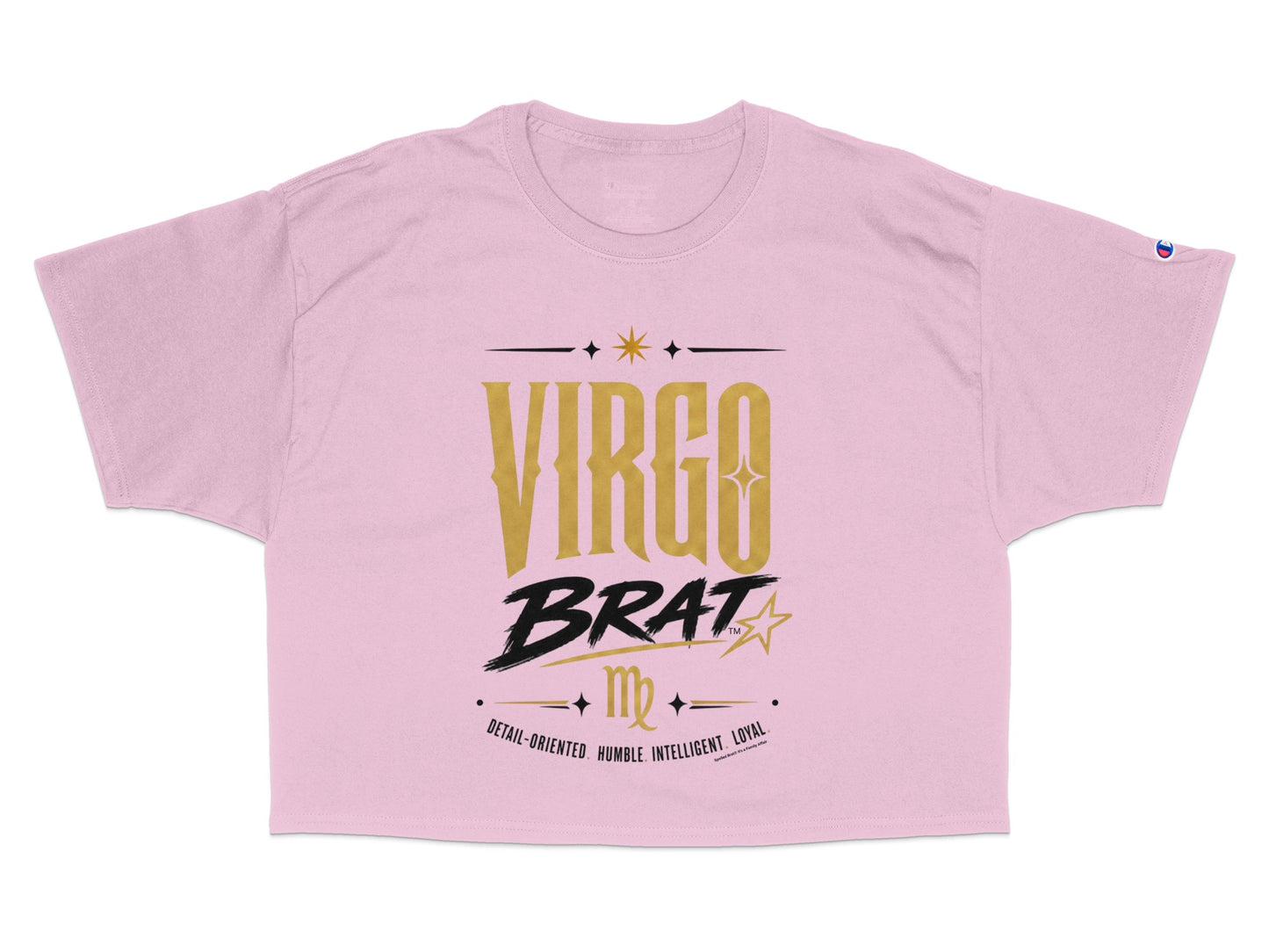 Pink cropped t-shirt with "VIRGO BRAT" and astrological symbols and text.