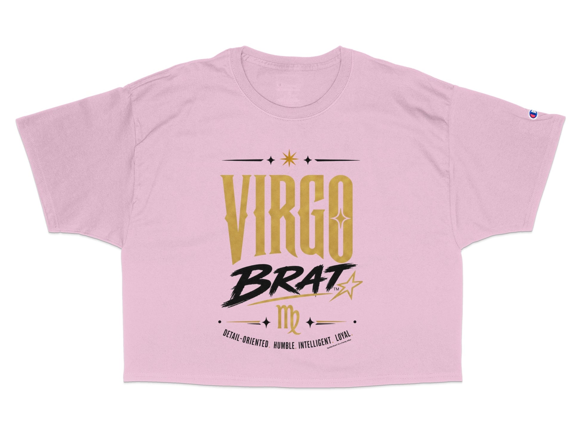 Pink cropped t-shirt with "VIRGO BRAT" and astrological symbols and text.