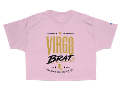Pink cropped t-shirt with "VIRGO BRAT" and astrological symbols and text.