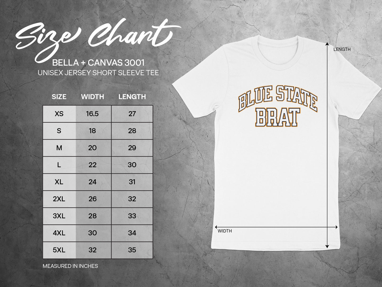 Bella + Canvas 3001 size chart for unisex short sleeve tee, measured in inches.