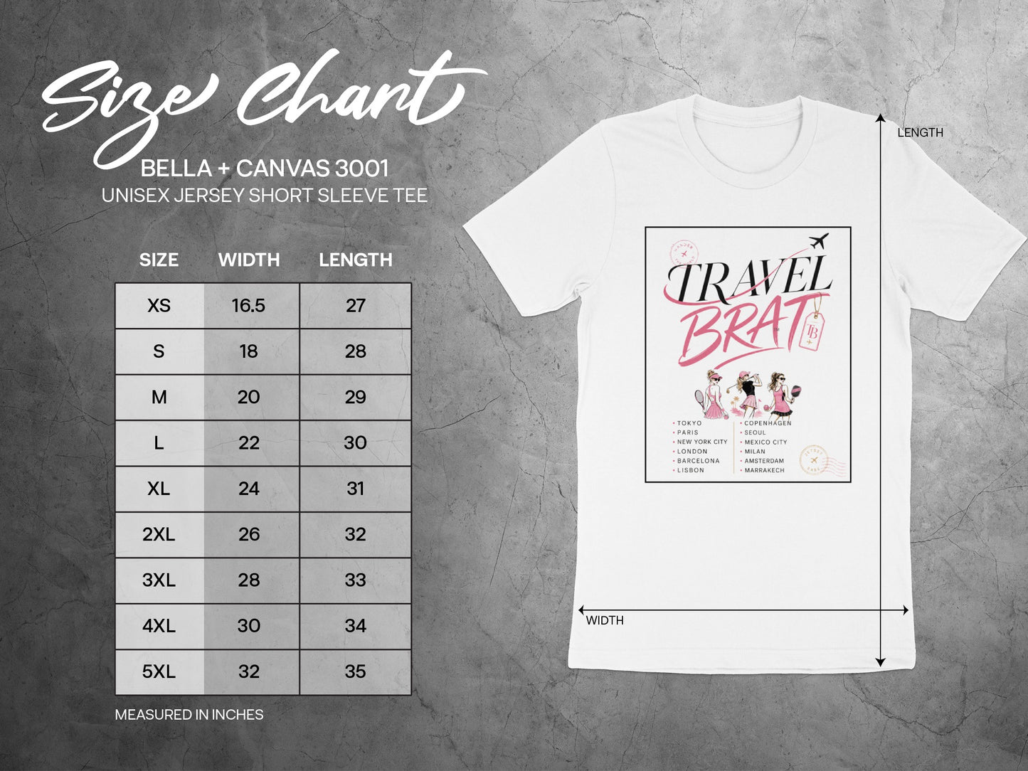 Bella + Canvas 3001 size chart for unisex short sleeve tee with width and length measurements.