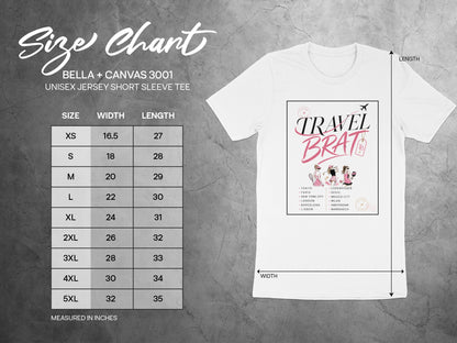 Bella + Canvas 3001 size chart for unisex short sleeve tee with width and length measurements.