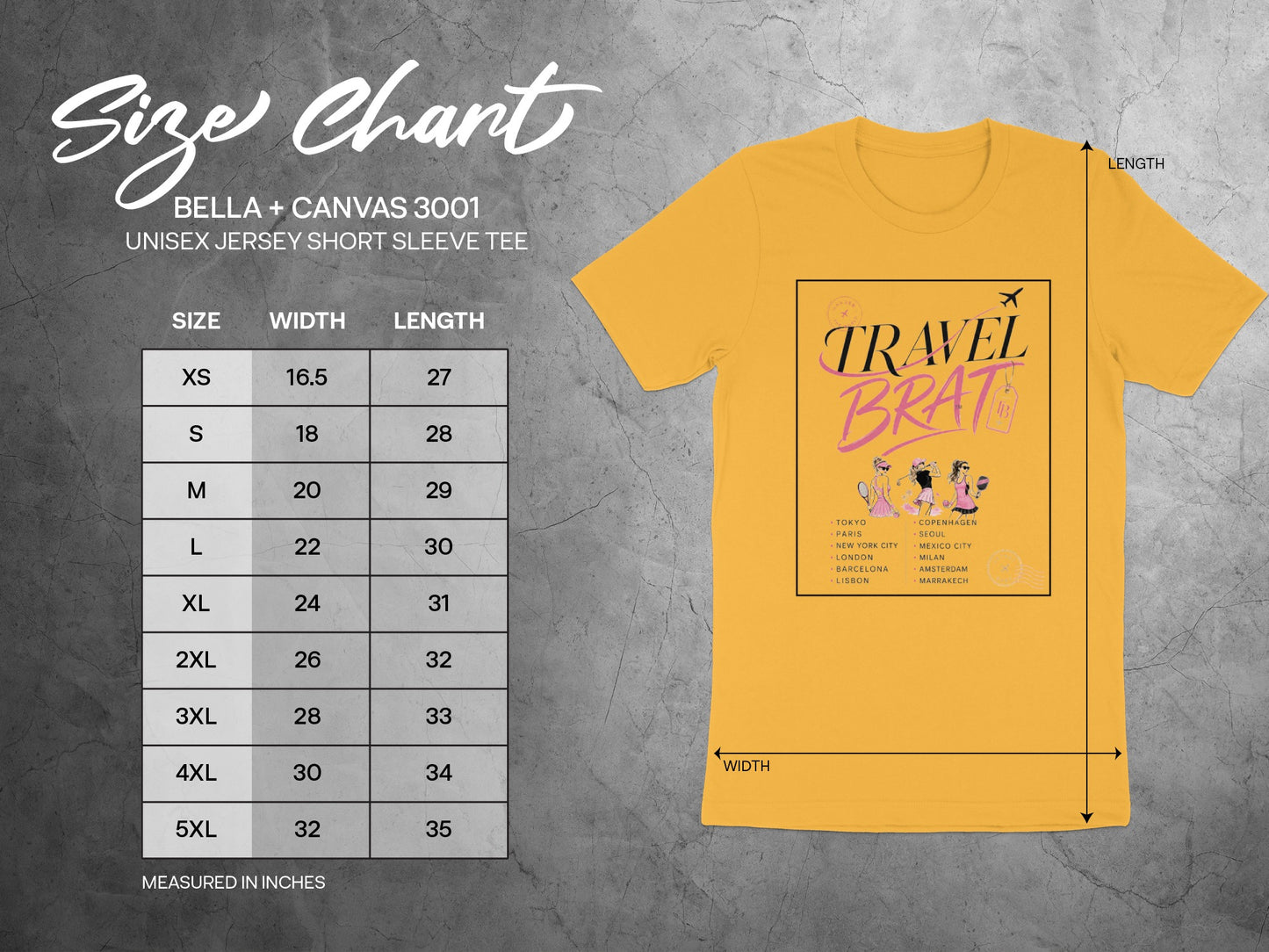BELLA + CANVAS 3001 size chart with width and length measurements for unisex short sleeve tees.
