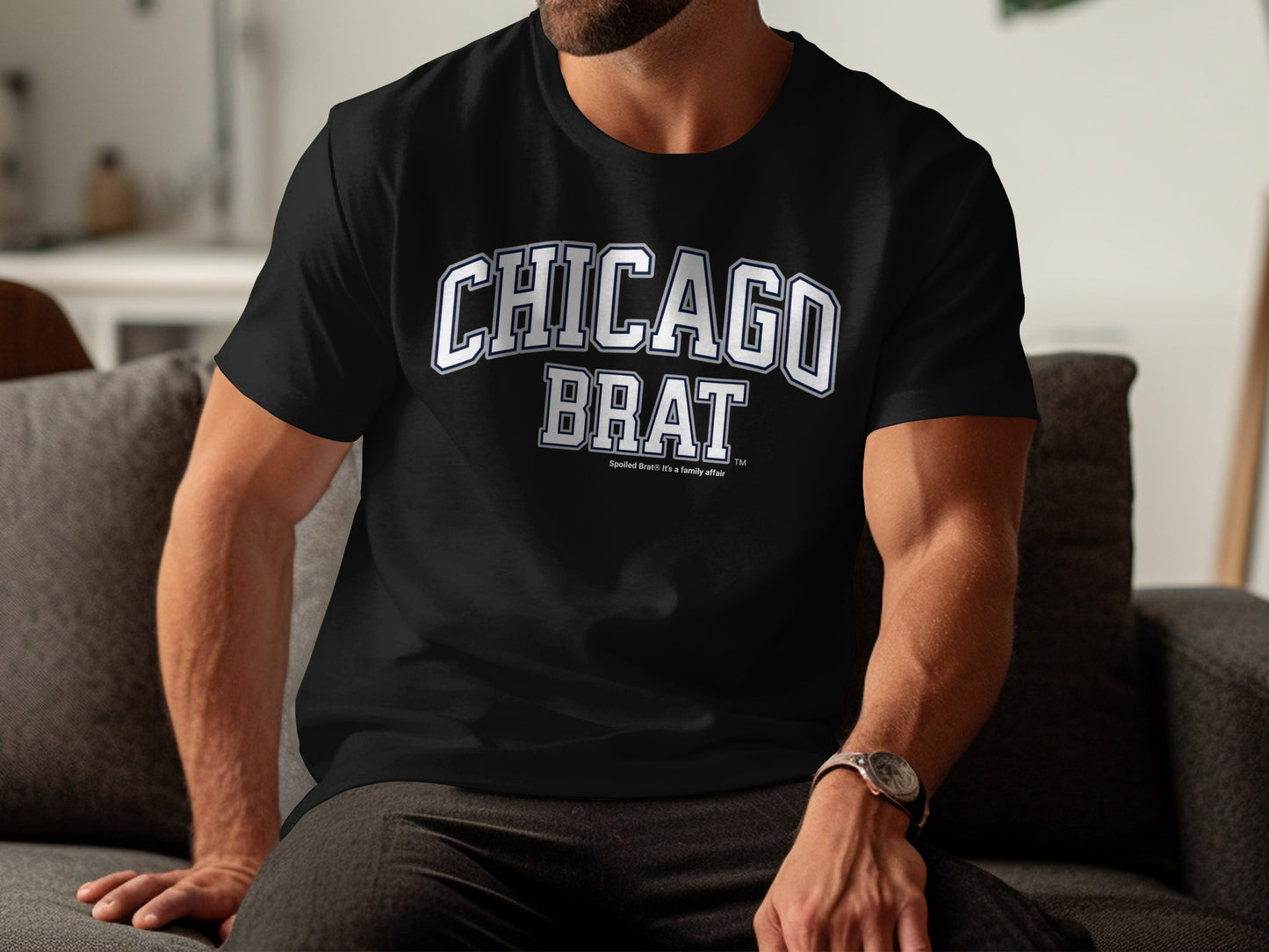 Black t-shirt with "CHICAGO BRAT" in white collegiate lettering.
