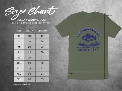 Bella + Canvas 3001 unisex t-shirt size chart with garment dimensions.