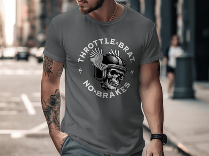 Skull with wings and text "Throttle Brat No Brakes" on a gray t-shirt.