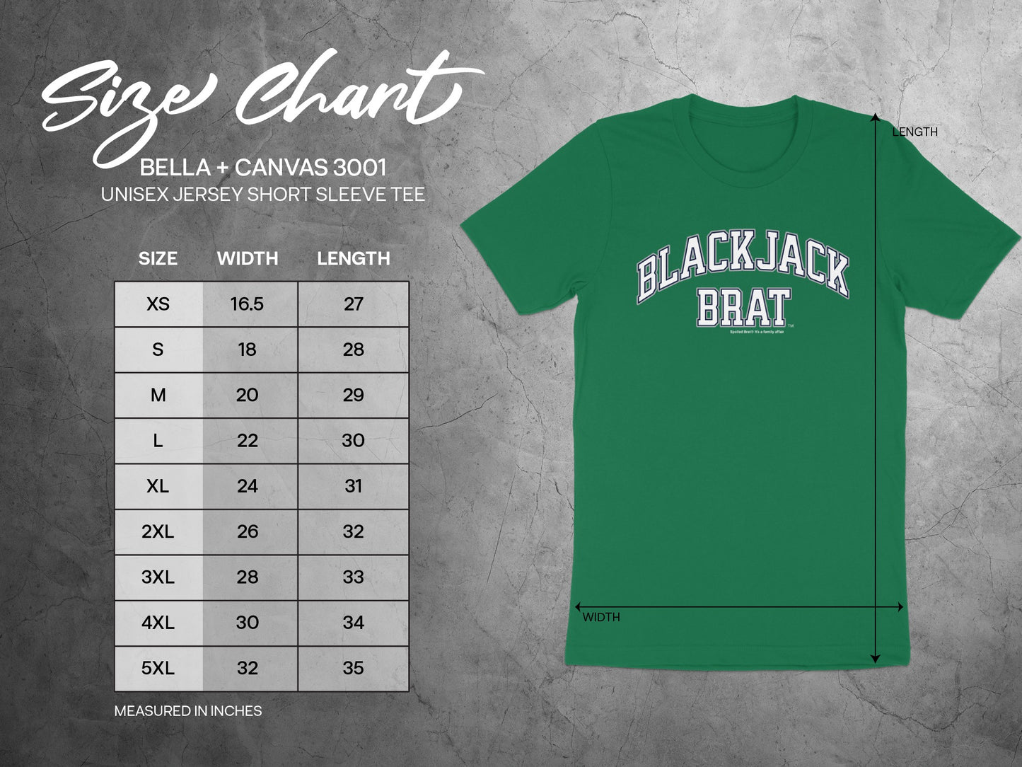 Bella + Canvas 3001 unisex jersey short sleeve tee size chart with measurements in inches.