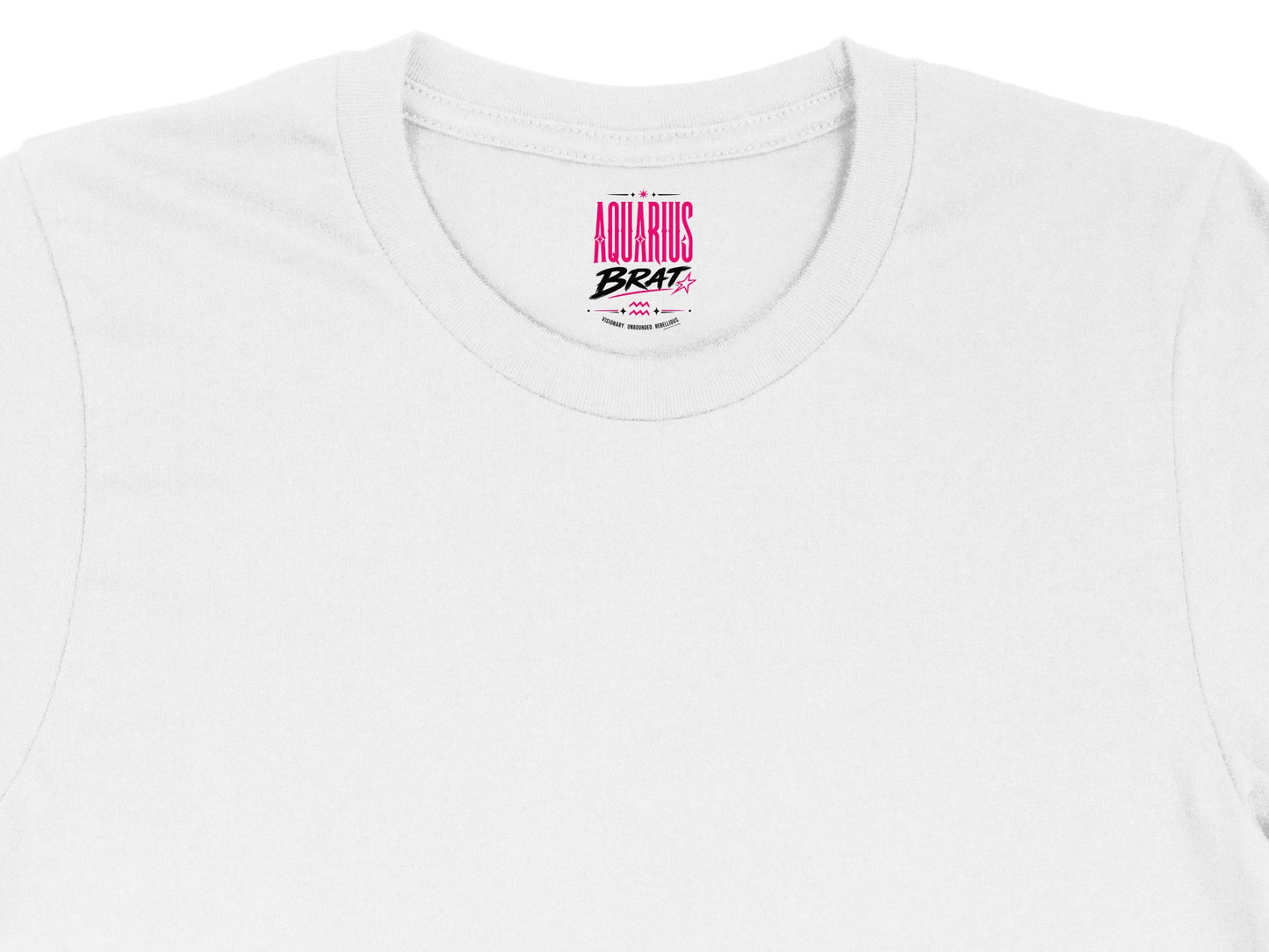 White t-shirt neck tag with "Aquarius Brat" and small text.
