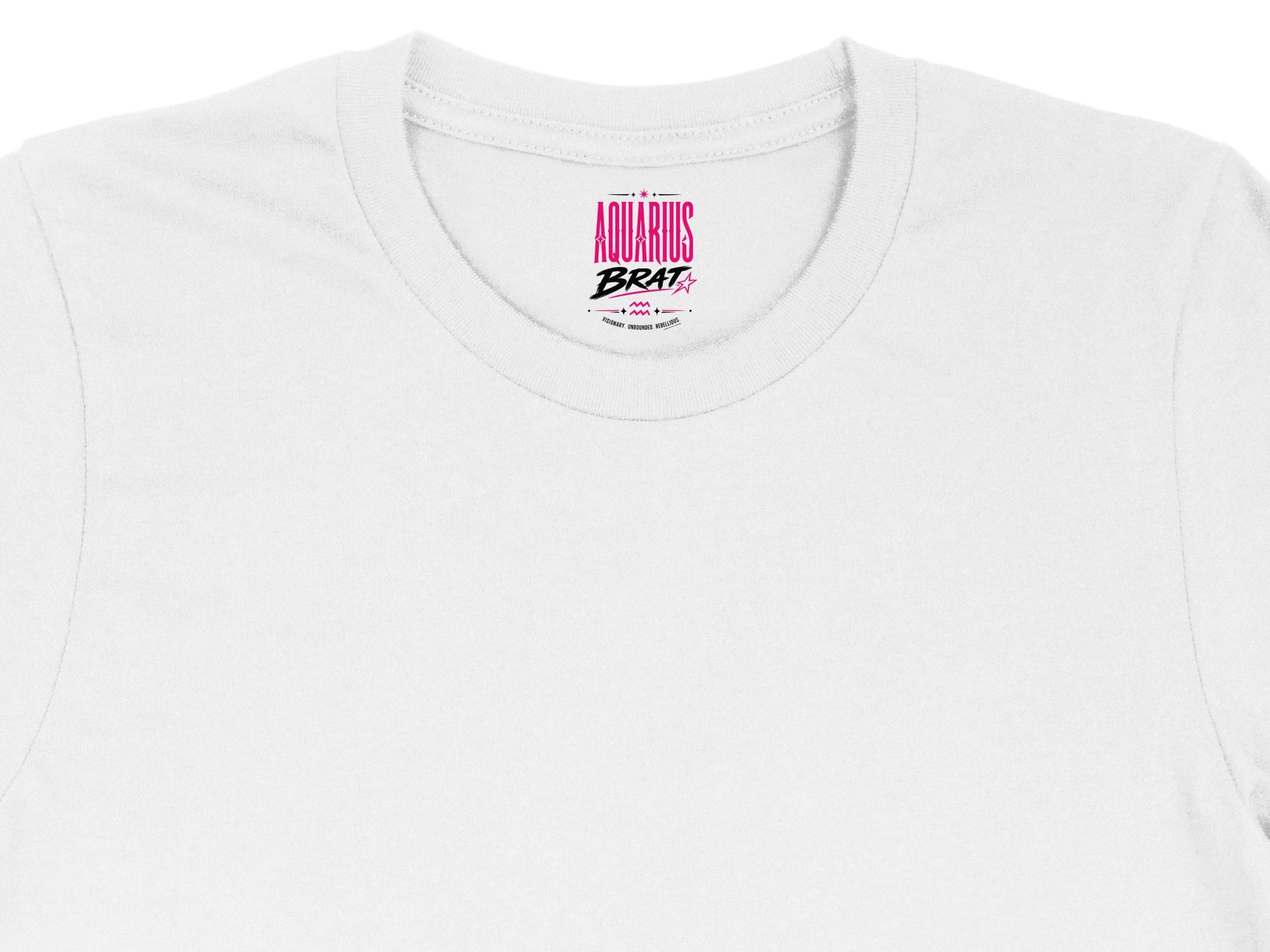 White t-shirt neck tag with "Aquarius Brat" and small text.