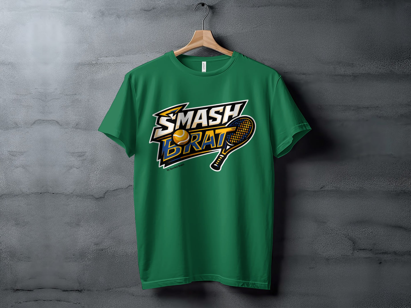 Green t-shirt with "SMASH BRAT" text, tennis ball, and racket graphic.