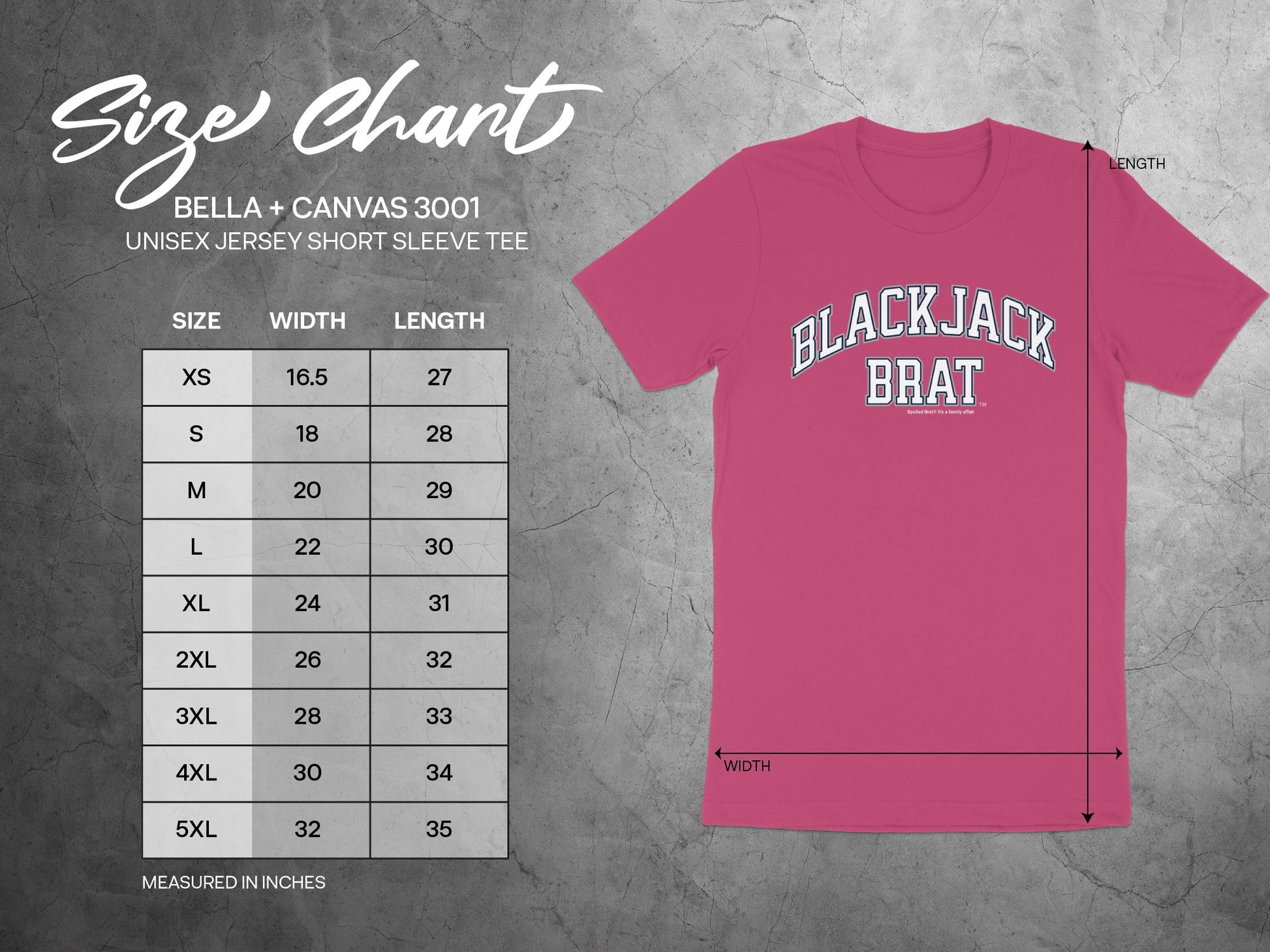 Bella + Canvas 3001 unisex jersey tee size chart with width and length measurements in inches.