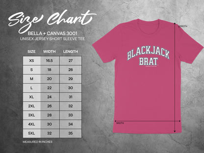 Bella + Canvas 3001 unisex jersey tee size chart with width and length measurements in inches.