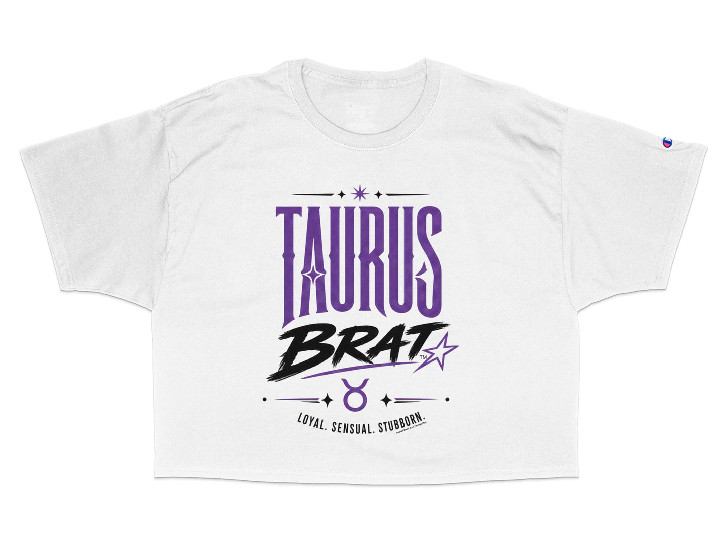 White crop top with "TAURUS BRAT" text, Taurus symbol, and zodiac traits.
