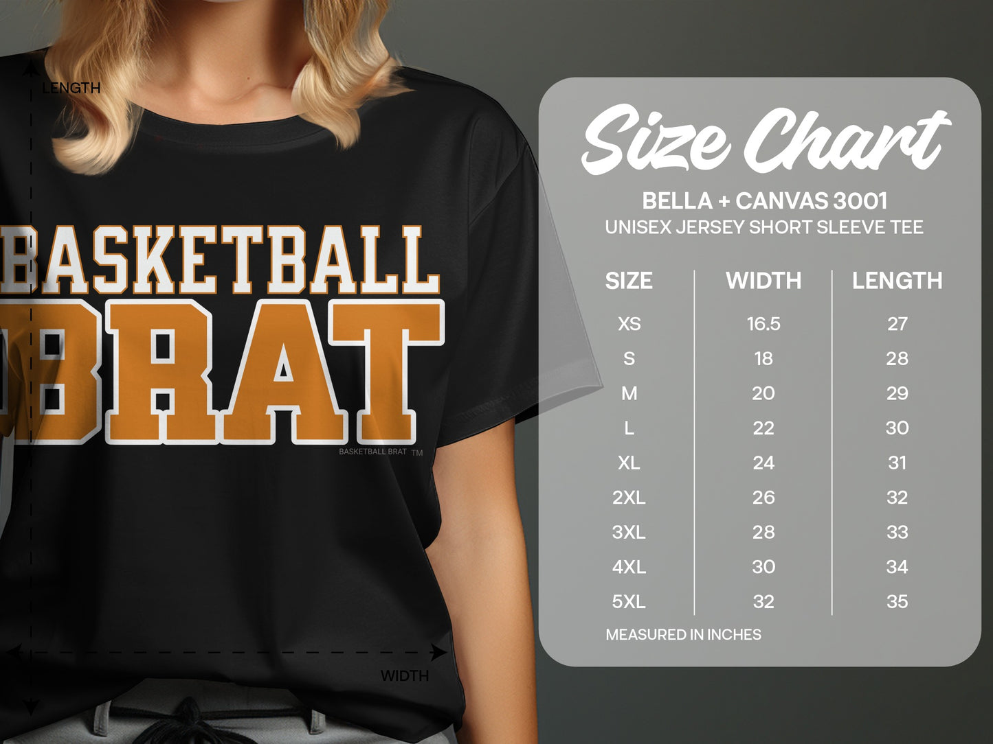 Black t-shirt with "BASKETBALL BRAT" and a size chart.
