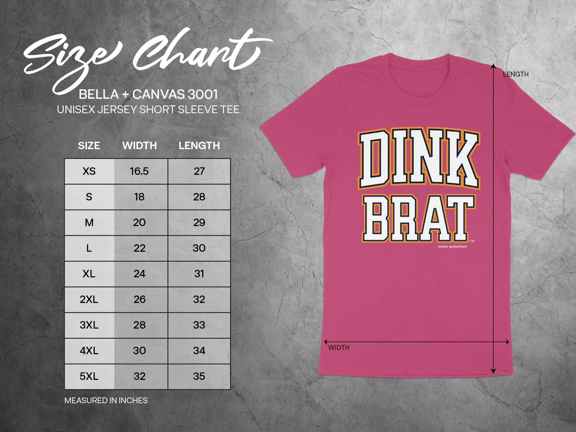Bella + Canvas 3001 unisex tee size chart with width and length measurements in inches.