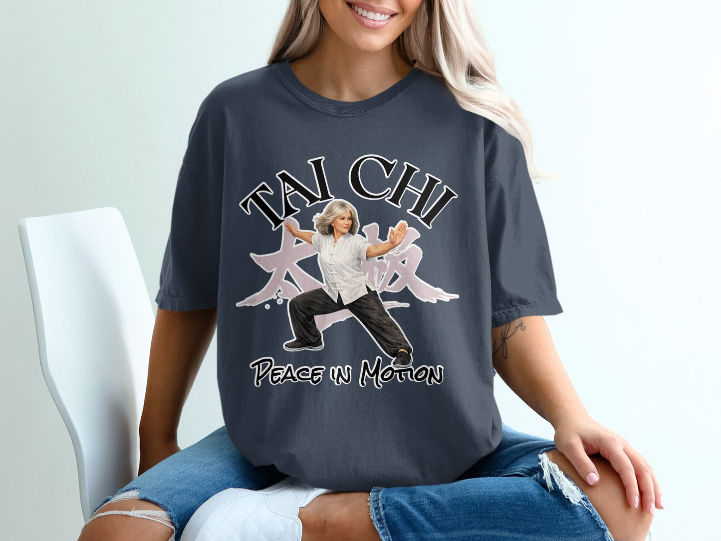 Dark grey t-shirt with "Tai Chi" text and woman in martial arts pose.