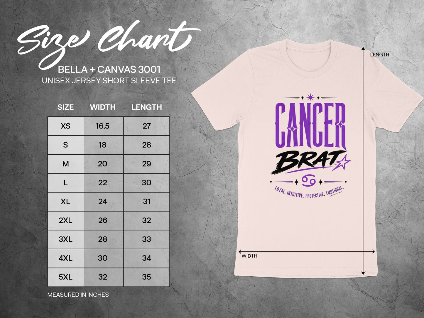 Cancer Brat unisex jersey tee size chart with width and length measurements in inches.