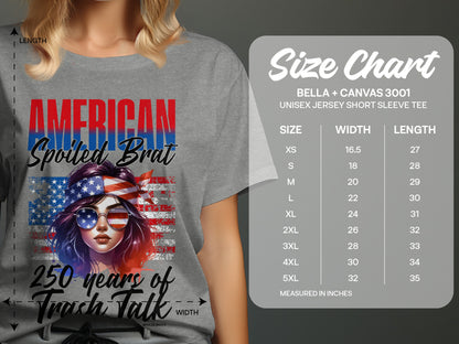 T-shirt with "American Spoiled Brat" and flag graphic, with a size chart.