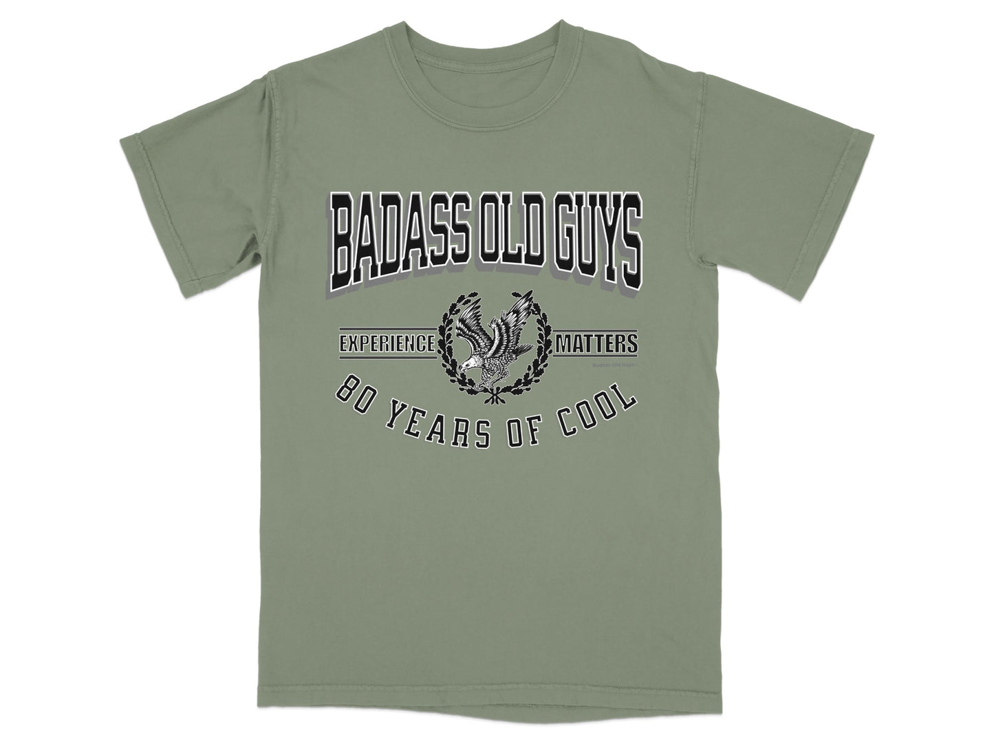 Green t-shirt with "Badass Old Guys" and "80 Years of Cool" text.