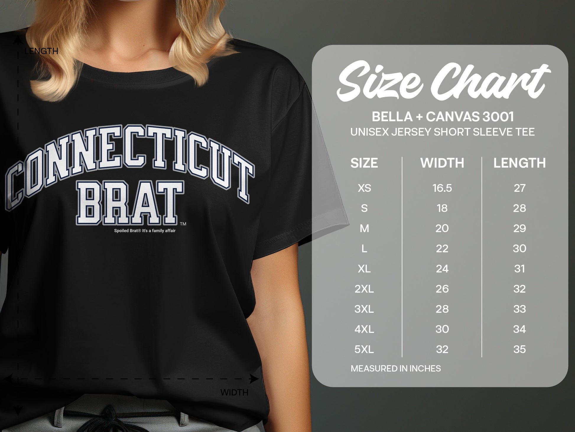Black t-shirt with "CONNECTICUT BRAT" graphic, showing a size chart.