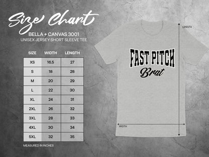 Size chart for Bella + Canvas 3001 unisex short sleeve tee with measurements.