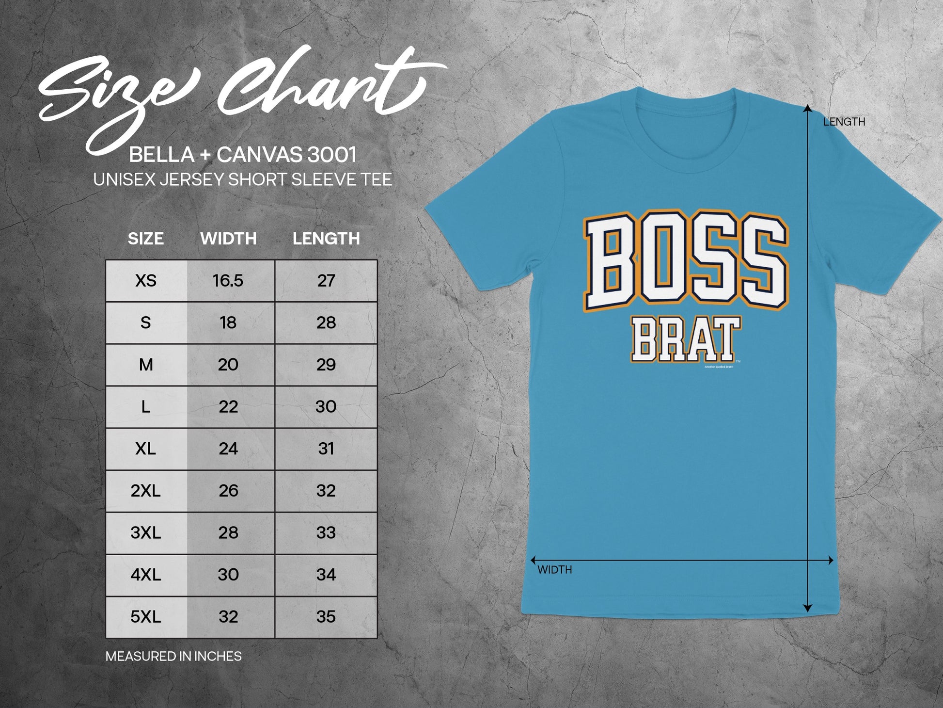 Size chart for Bella + Canvas 3001 unisex shirt, showing dimensions for sizes XS to 5XL.