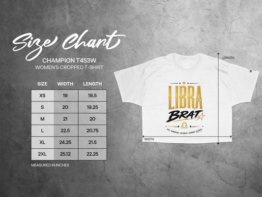 Champion T453W women's cropped t-shirt size chart with width and length measurements.