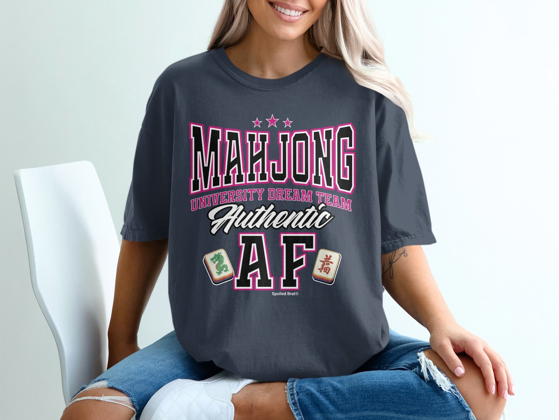 Dark grey t-shirt with "Mahjong University Dream Team Authentic" text.