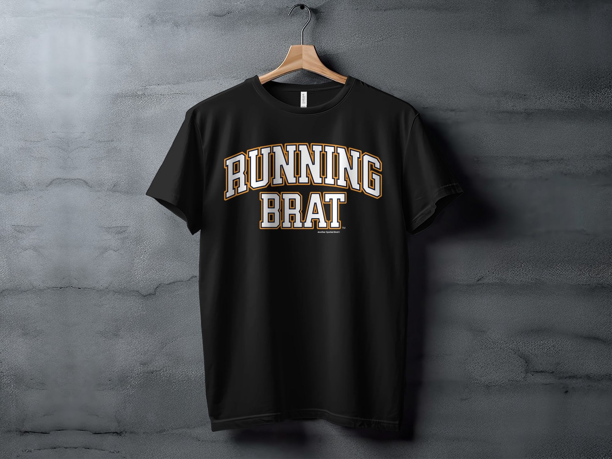 Black t-shirt with "RUNNING BRAT" in white and orange collegiate text.