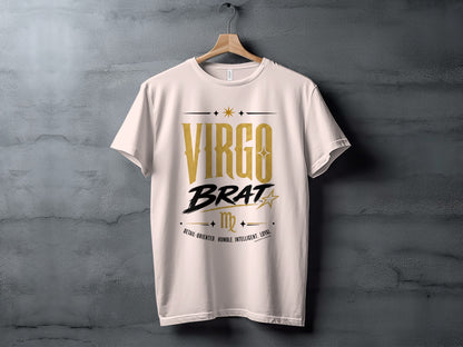 White t-shirt with "VIRGO BRAT" and zodiac symbol, attributes listed below.